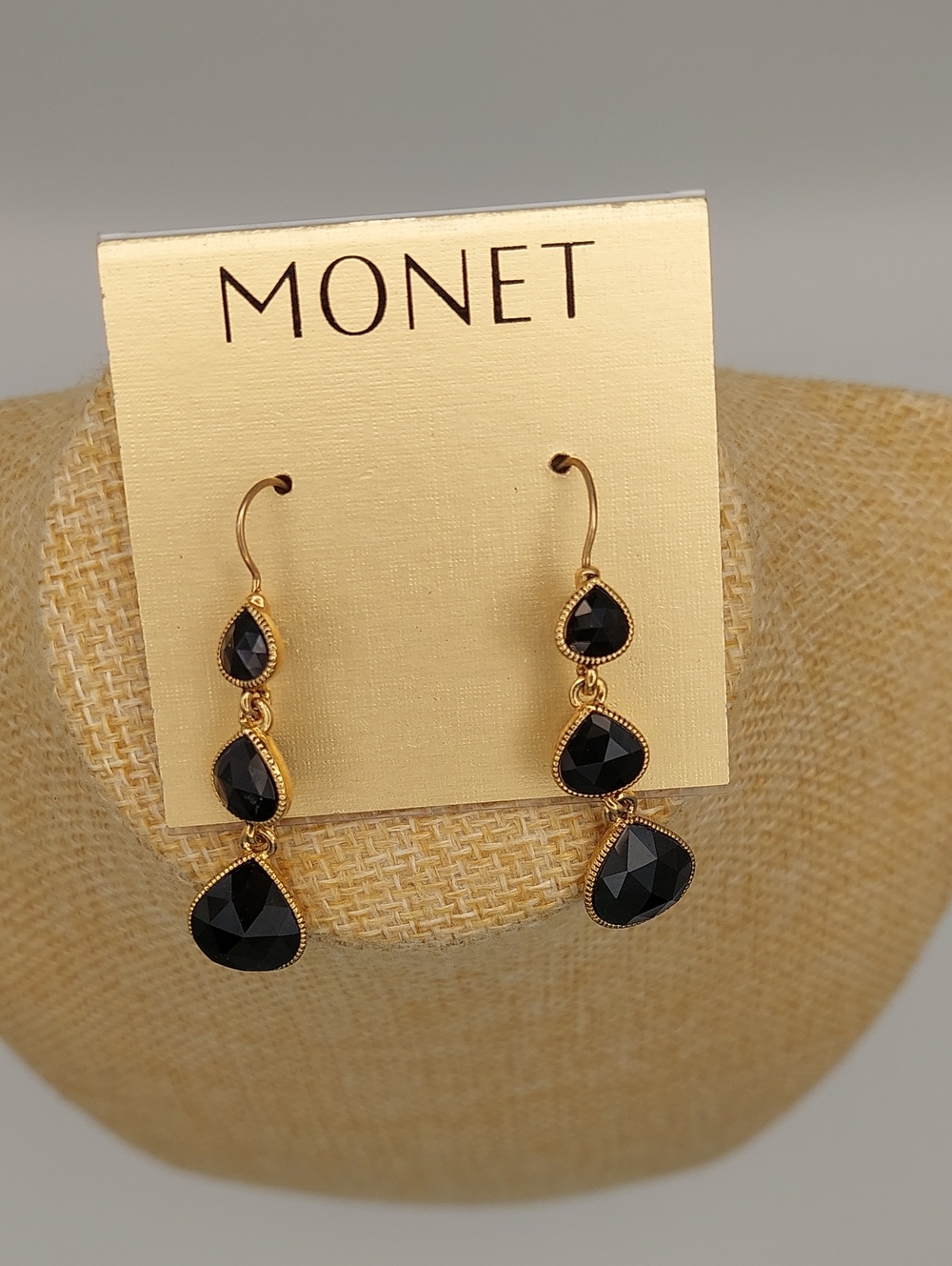 Monet NOS Black Faceted Glass Gold-Tone Triple Teardrop Drop Pierced Earrings